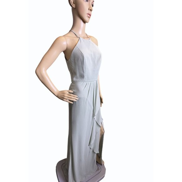 DAVID's BRIDAL Blue  Sz 2 Halter Neck Chiffon Bride's Maid Prom Dress Side Slit - Picture 6 of 16